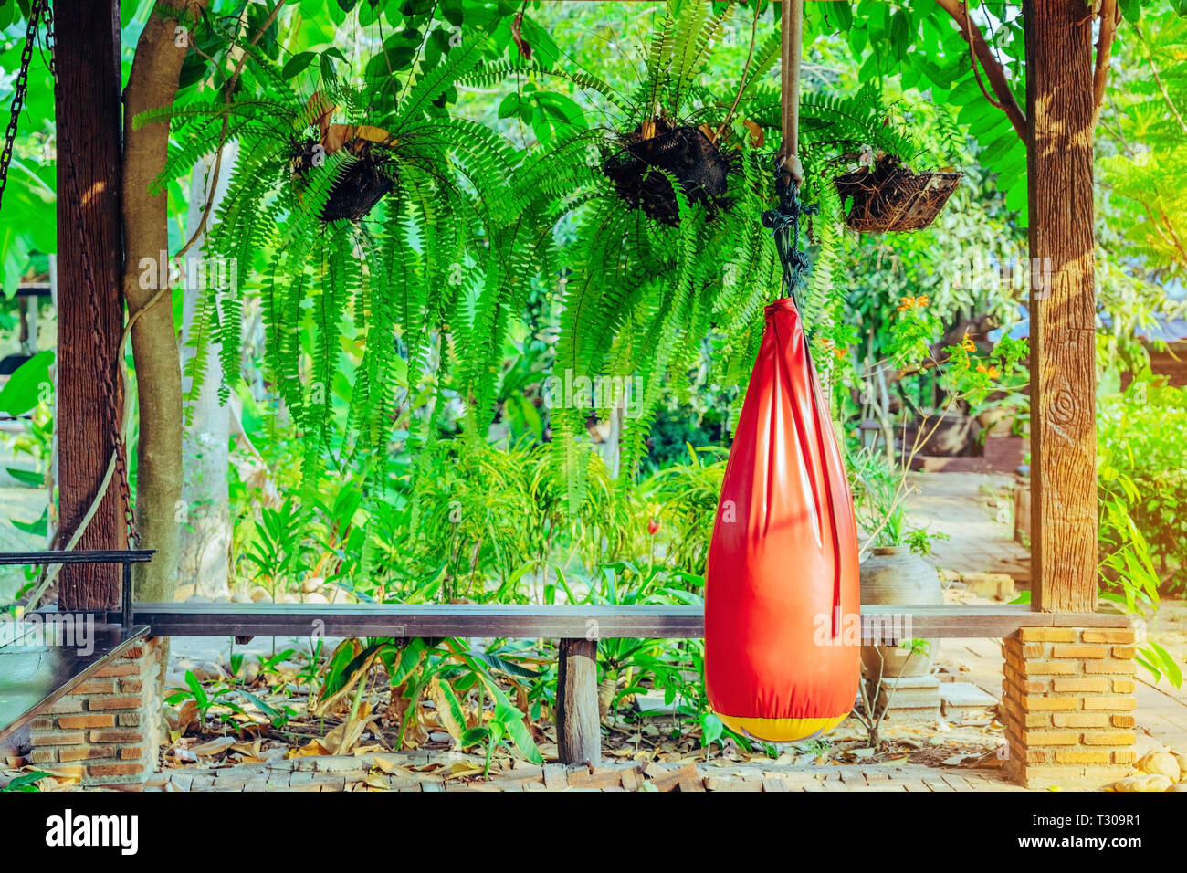 Red Sand Bag For Muay Thai Hanging In The Garden Living Room