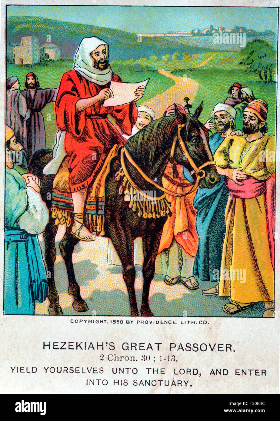 Hezekiah Celebrates the Passover, 2 Chronicles 30, old Sunday school bible card Stock Photo