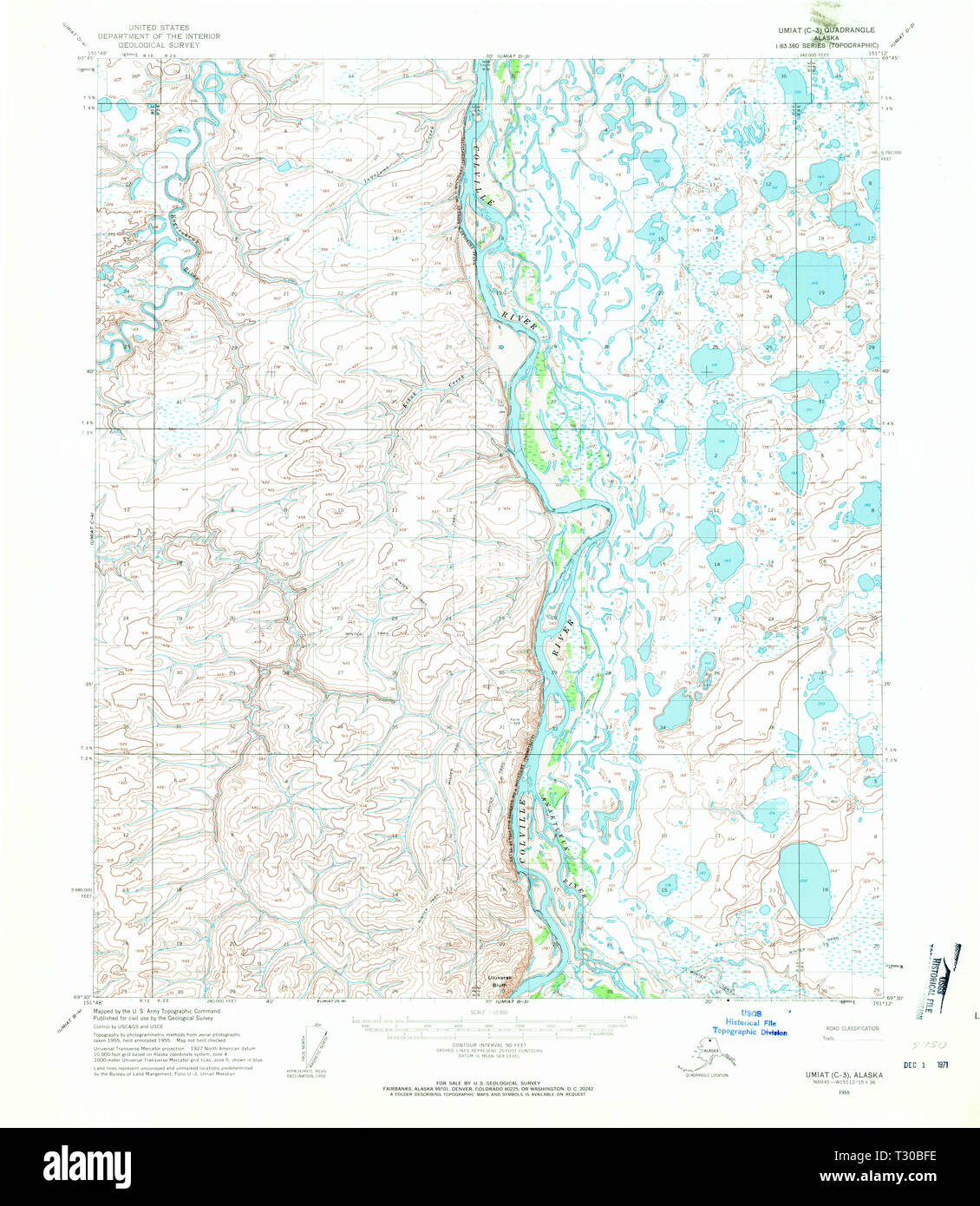USGS TOPO Map Alaska AK Umiat C3 360146 1955 63360 Restoration Stock