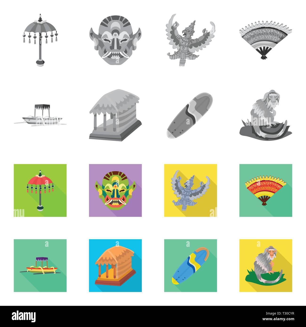 beach,mask,garuda,fan,boat,hut,surfboard,monkey,umbrella,indonesian