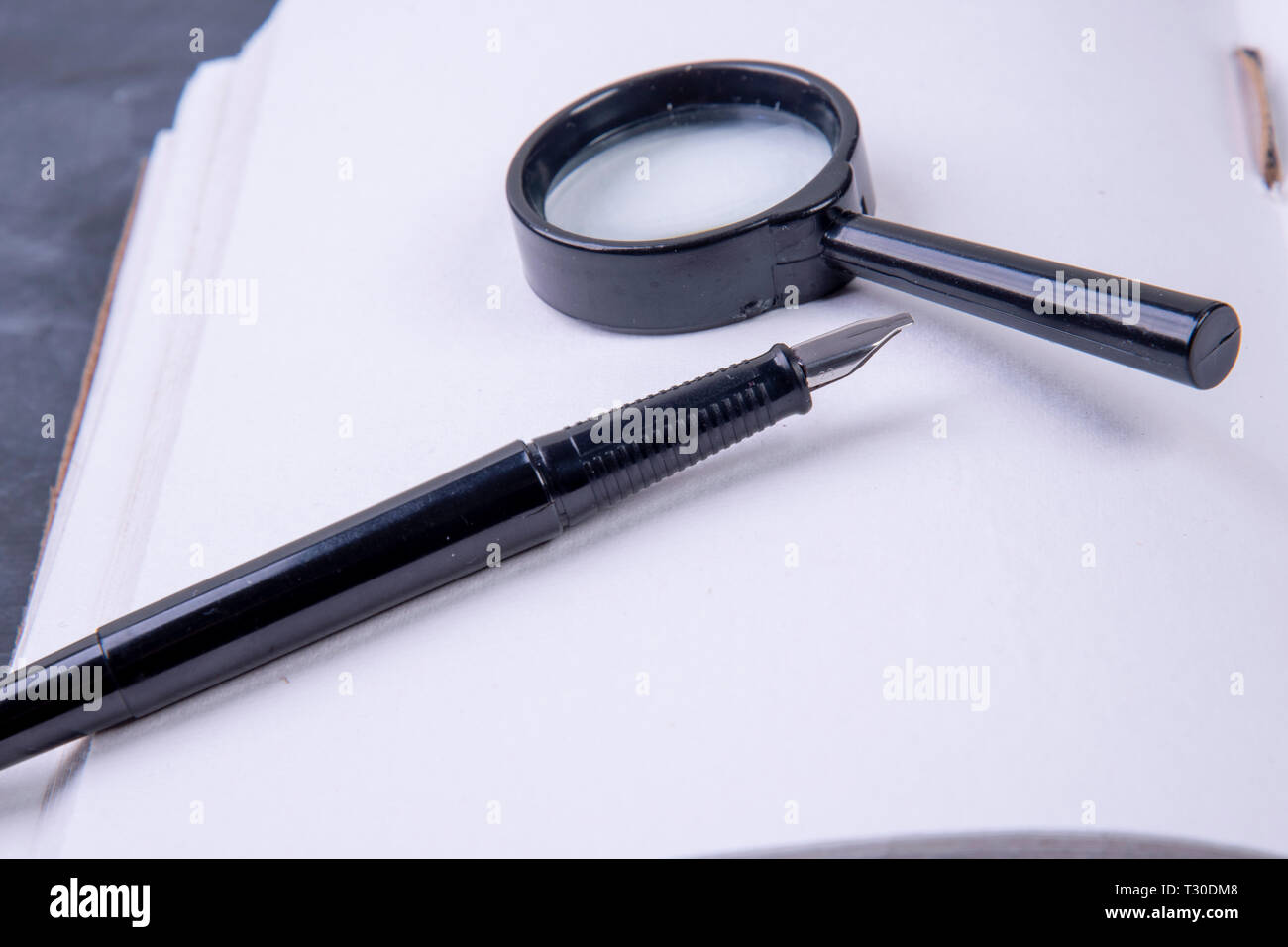 Magnifying glass with fountain pen on an empty notebook Stock Photo - Alamy