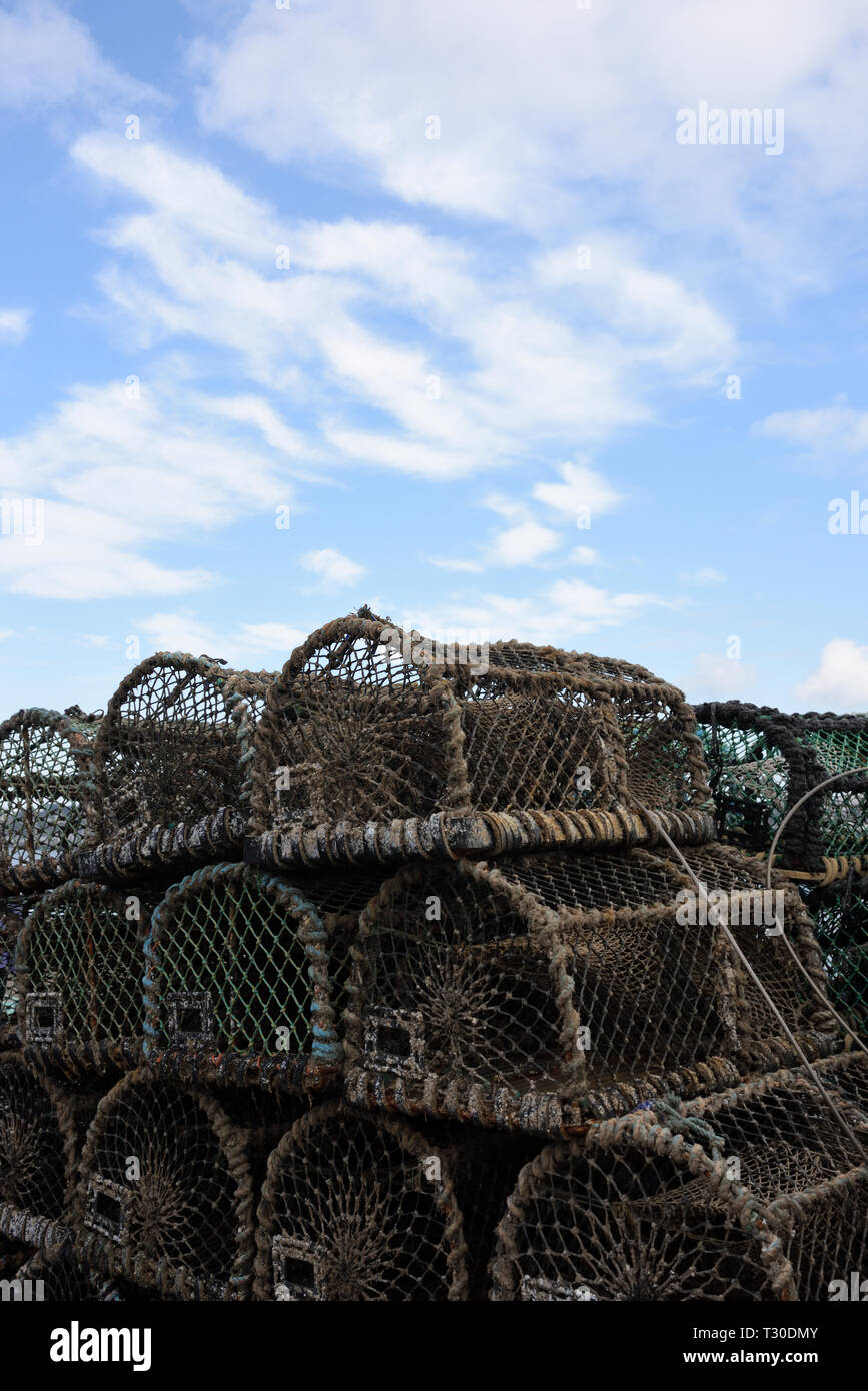 Lobster creels on quayside at Conwy harbour north wales uk Stock Photo