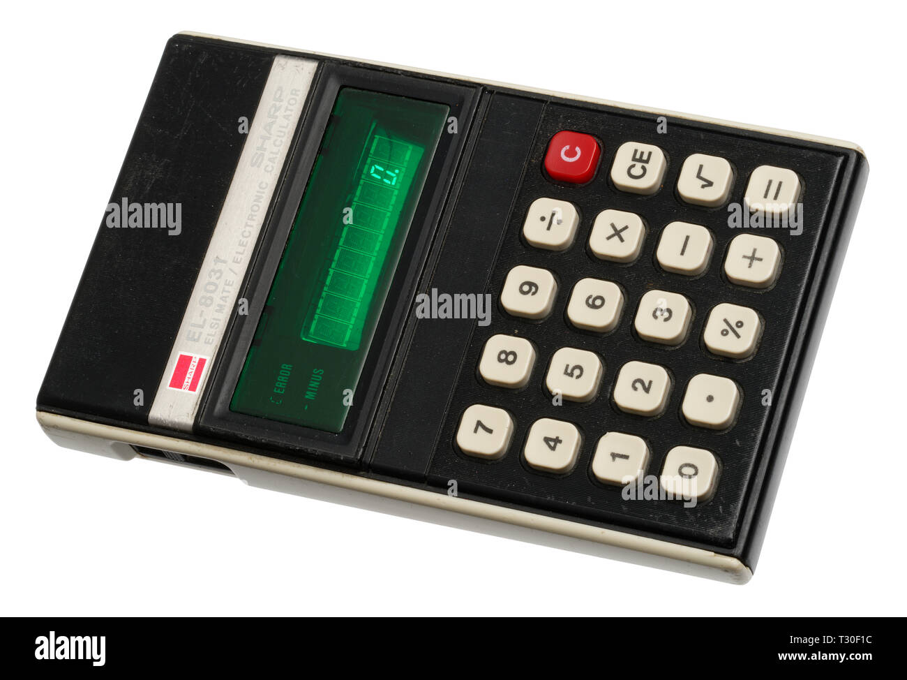 1970's pocket calculator. Simple arithmetic machine, handheld device. Sharp ELSI MATE EL-8031 Stock Photo