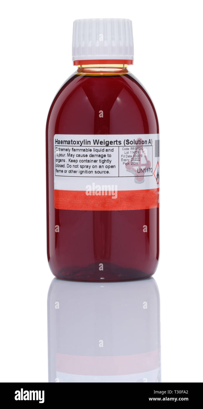 A bottle of Haematoxylin. Used as a histolic stain and also as a dye in the leather industry. Stock Photo