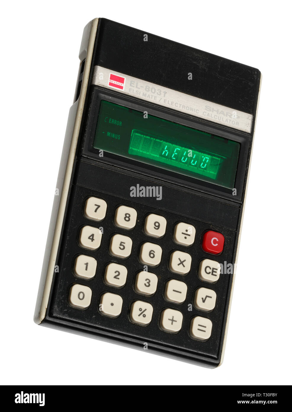 1970's pocket calculator. Simple arithmetic machine, handheld device. Sharp ELSI MATE EL-8031. The word HELLO spelt out on the display. Stock Photo