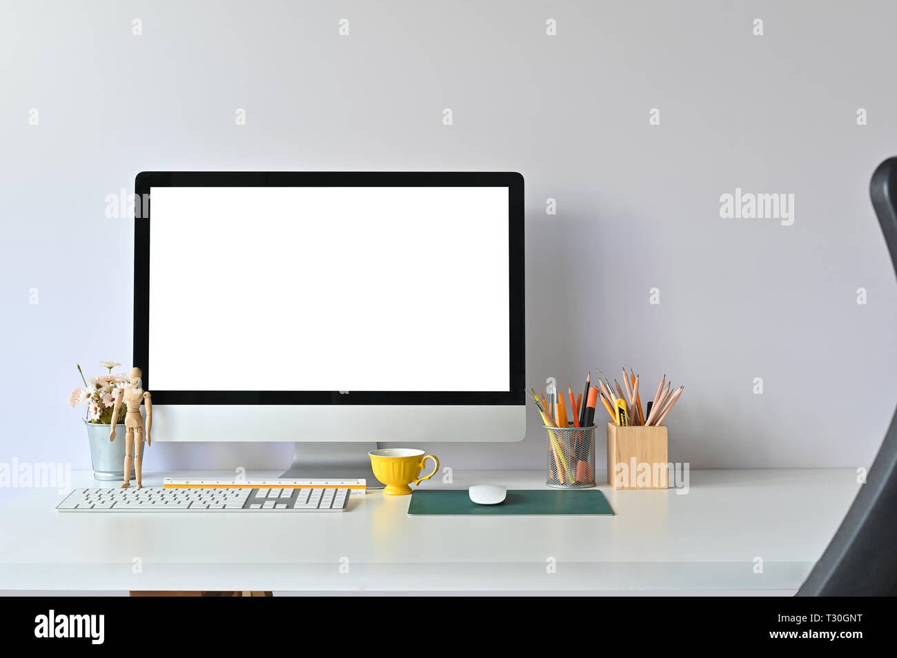 Workspace computer and office supplies on white office desk Stock Photo ...