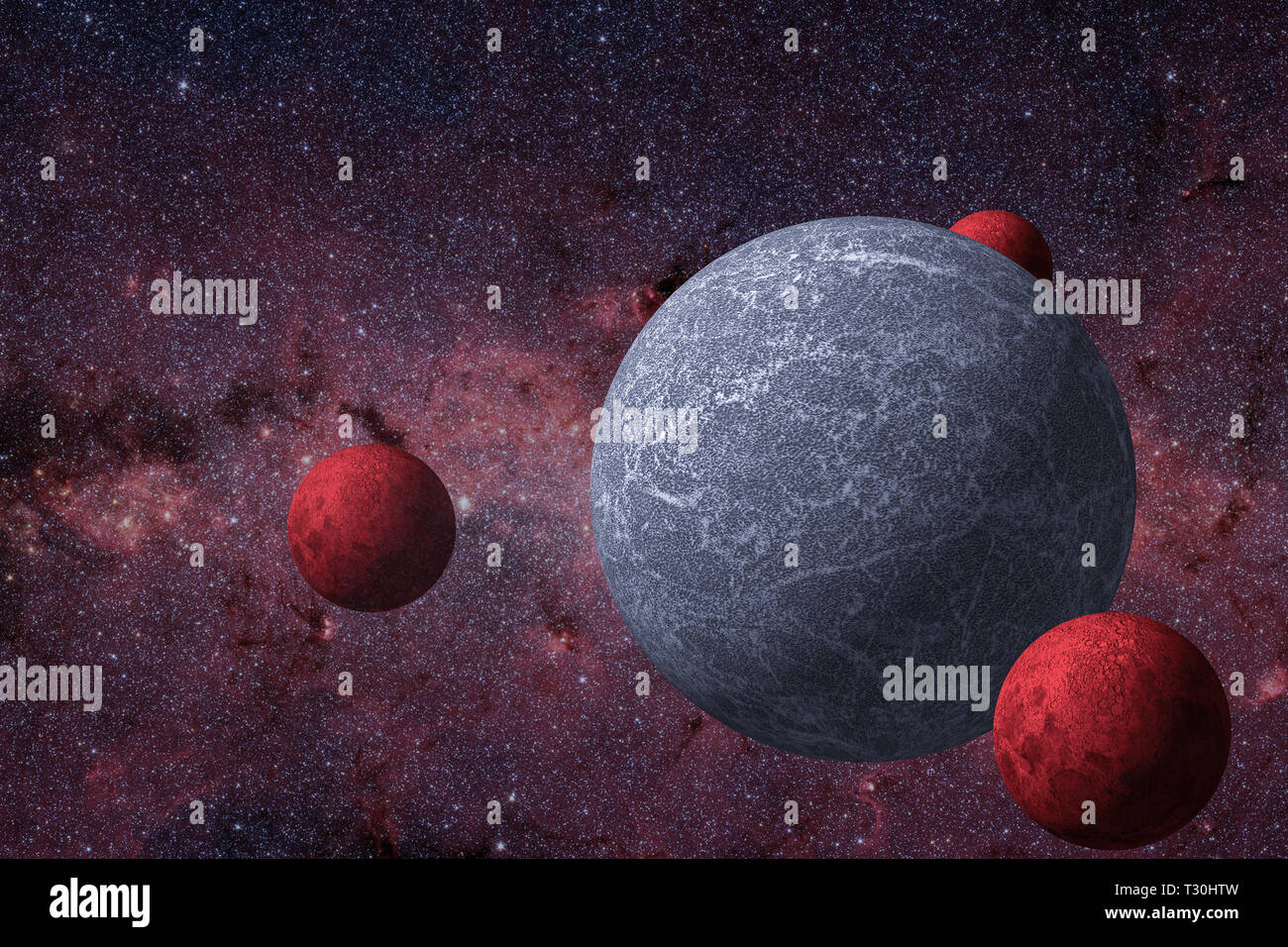 The unknown planet and its natural satellites of red color around it circle in the galaxy Stock Photo
