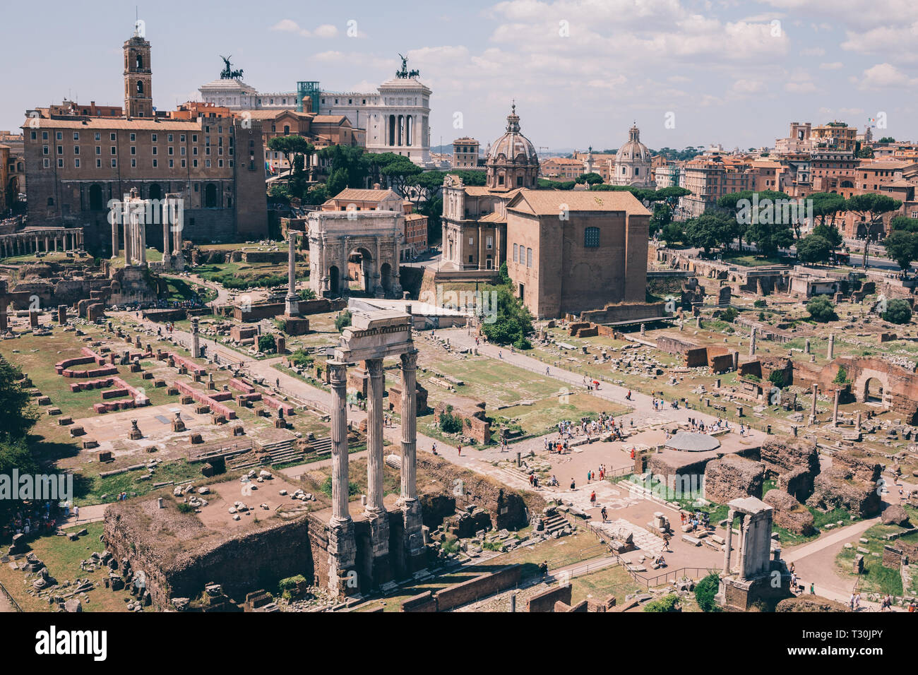 Panoramic view of Roman forum, also known by Forum Romanum or Foro Romano from Palatine Hill. It is a forum surrounded by ruins of ancient government  Stock Photo