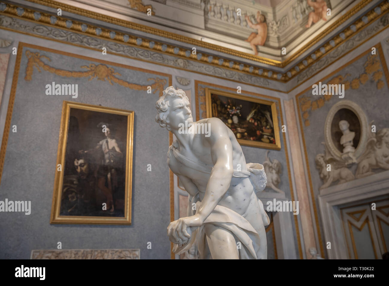 Rome, Italy - June 22, 2018: Baroque marble sculpture David by Bernini 1623-1624 in Galleria Borghese of Villa Borghese Stock Photo