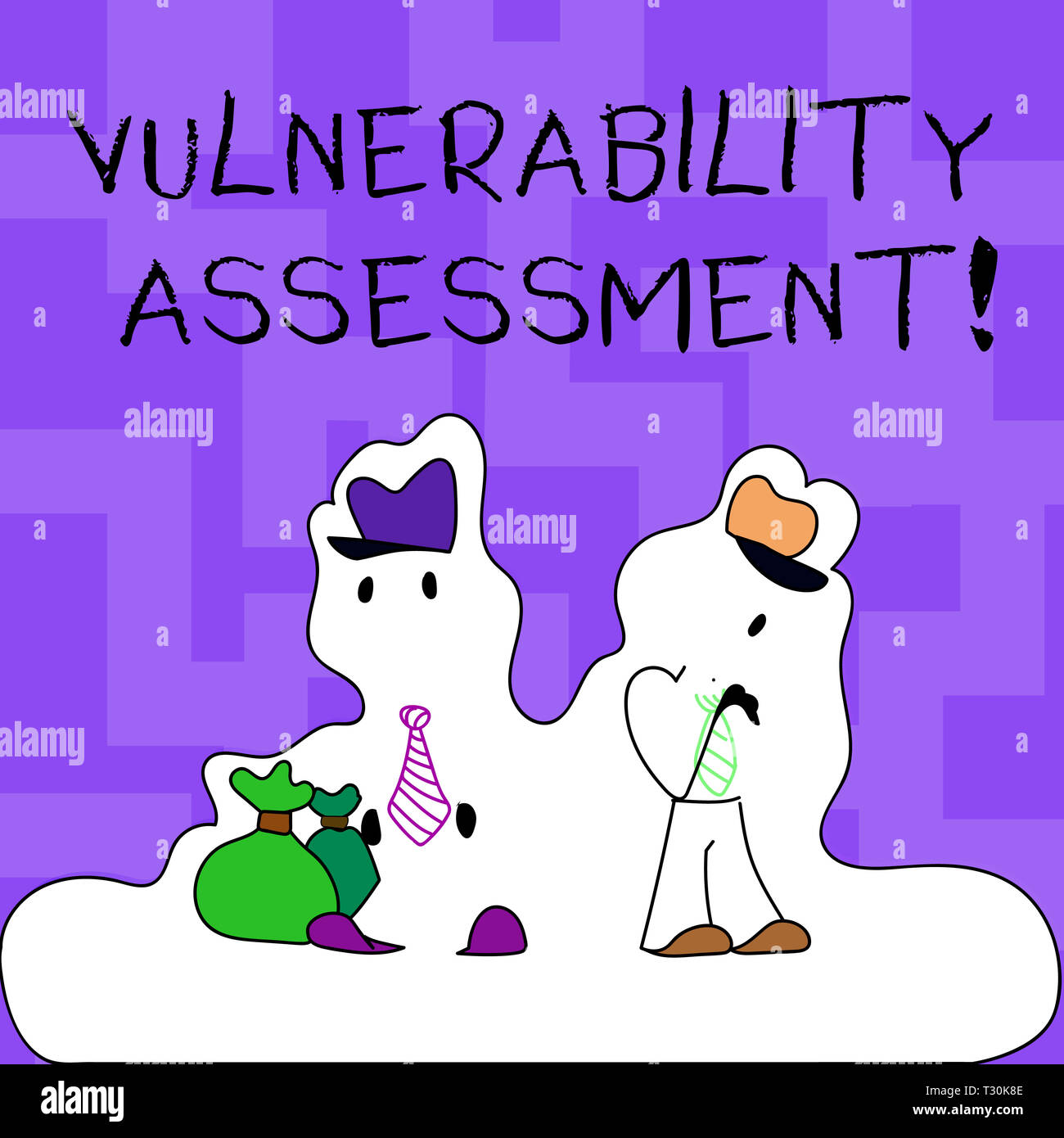 Text sign showing Vulnerability Assessment. Business photo text defining identifying prioritizing vulnerabilities Figure of Two Men Standing with Pouc Stock Photo