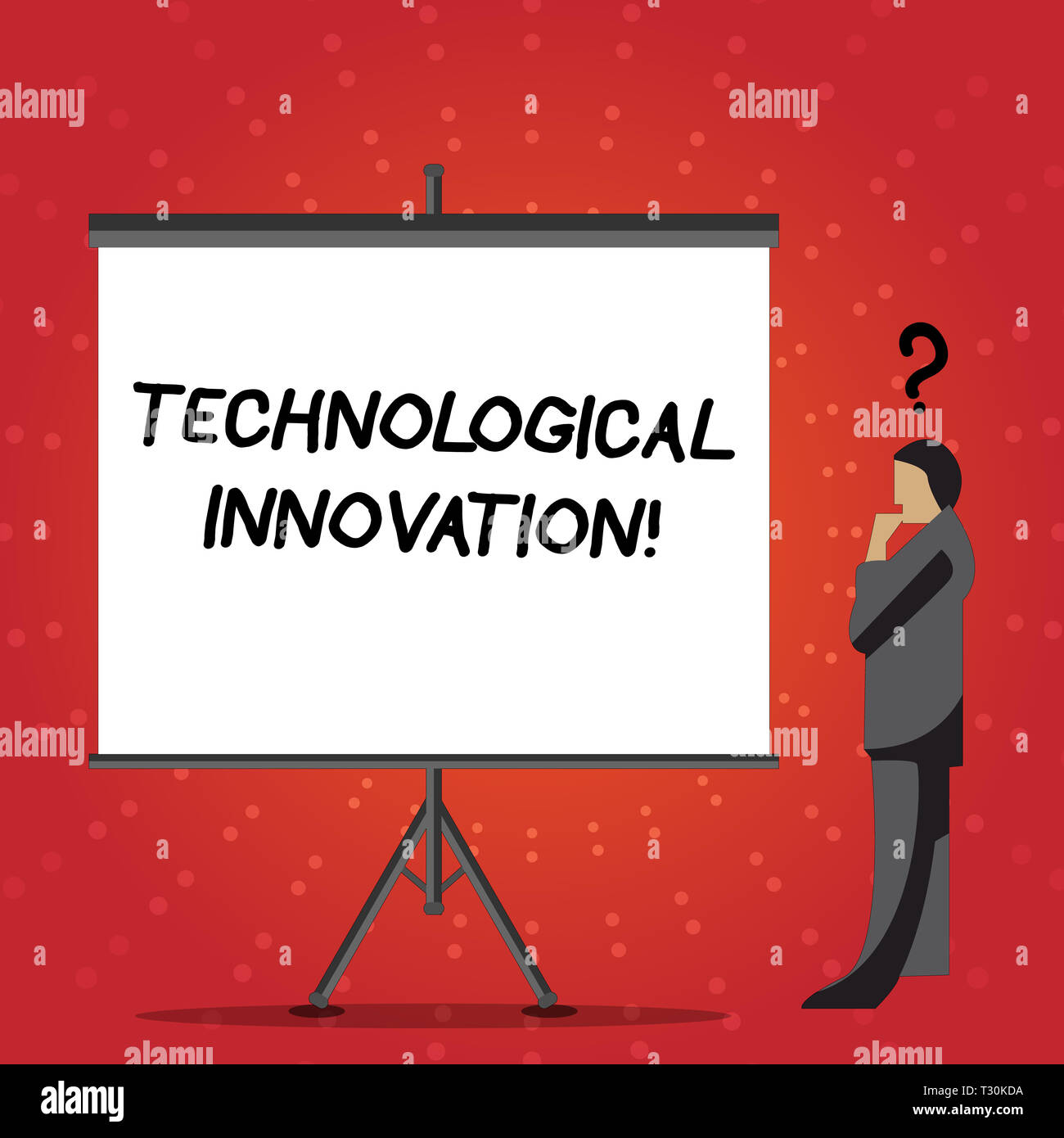 Conceptual hand writing showing Technological Innovation. Concept meaning comprise new products and its significant changes Businessman with Question  Stock Photo