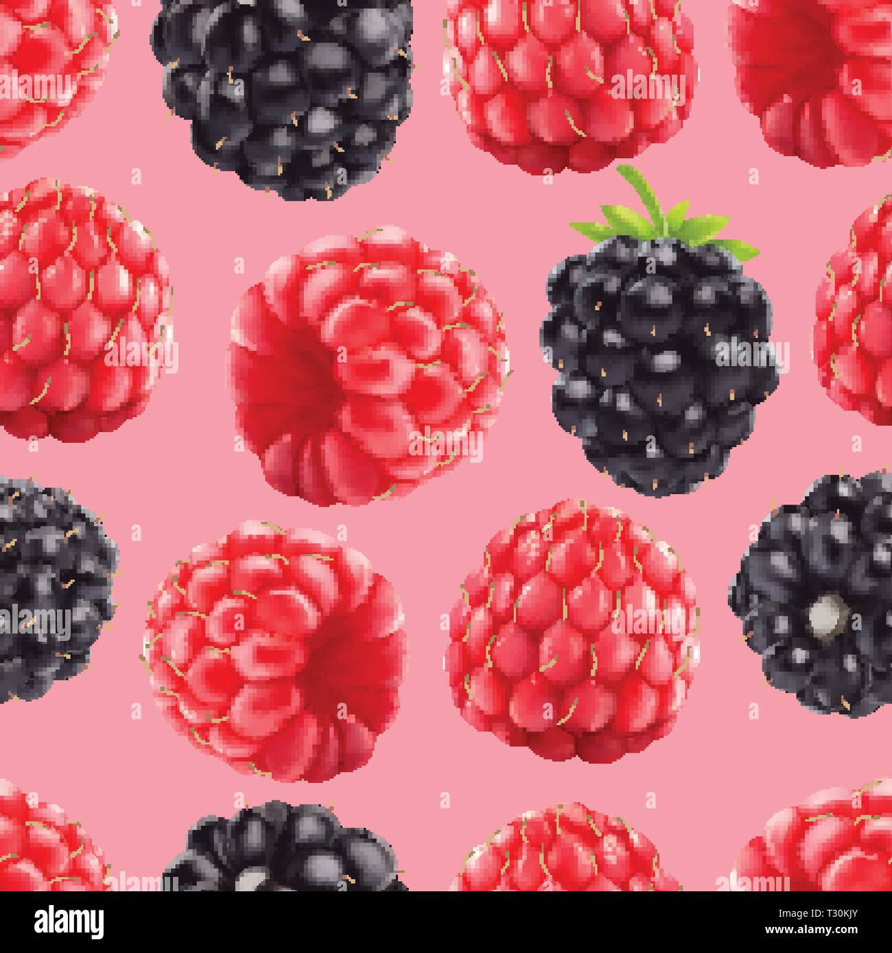 Blackberries and raspberries seamless pattern. 3d realistic vector berries. Stock Vector