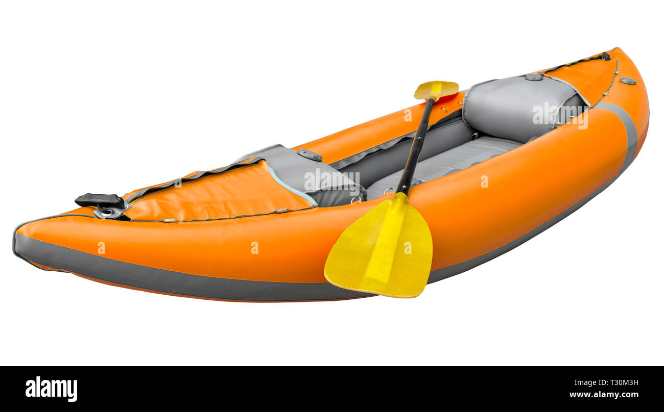 orange inflatable whitewater one person kayak with a paddle isolated on white with a clipping path Stock Photo