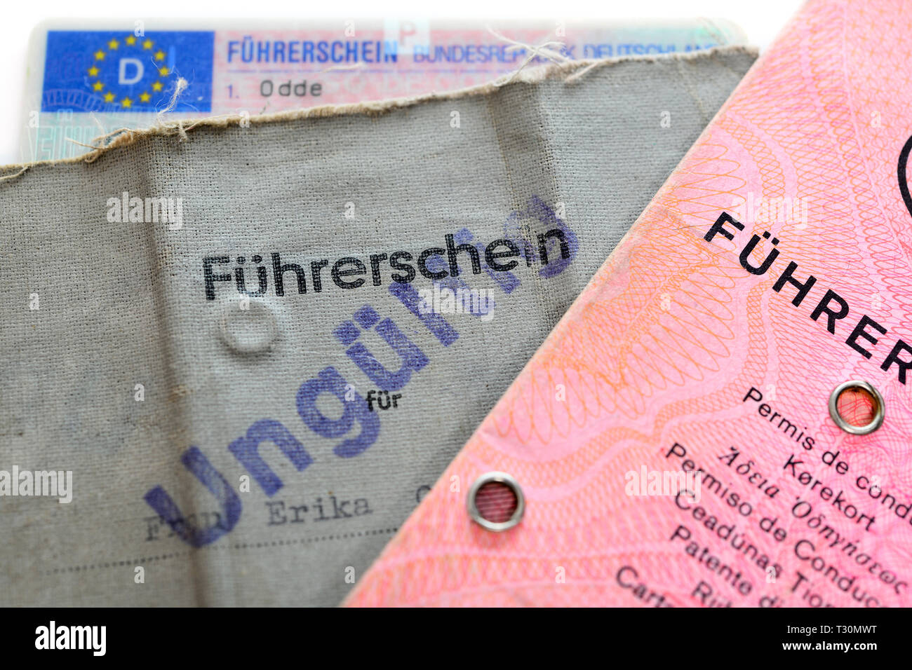 Old and topical German driving licences, Alte und aktuelle deutsche Führerscheine Stock Photo