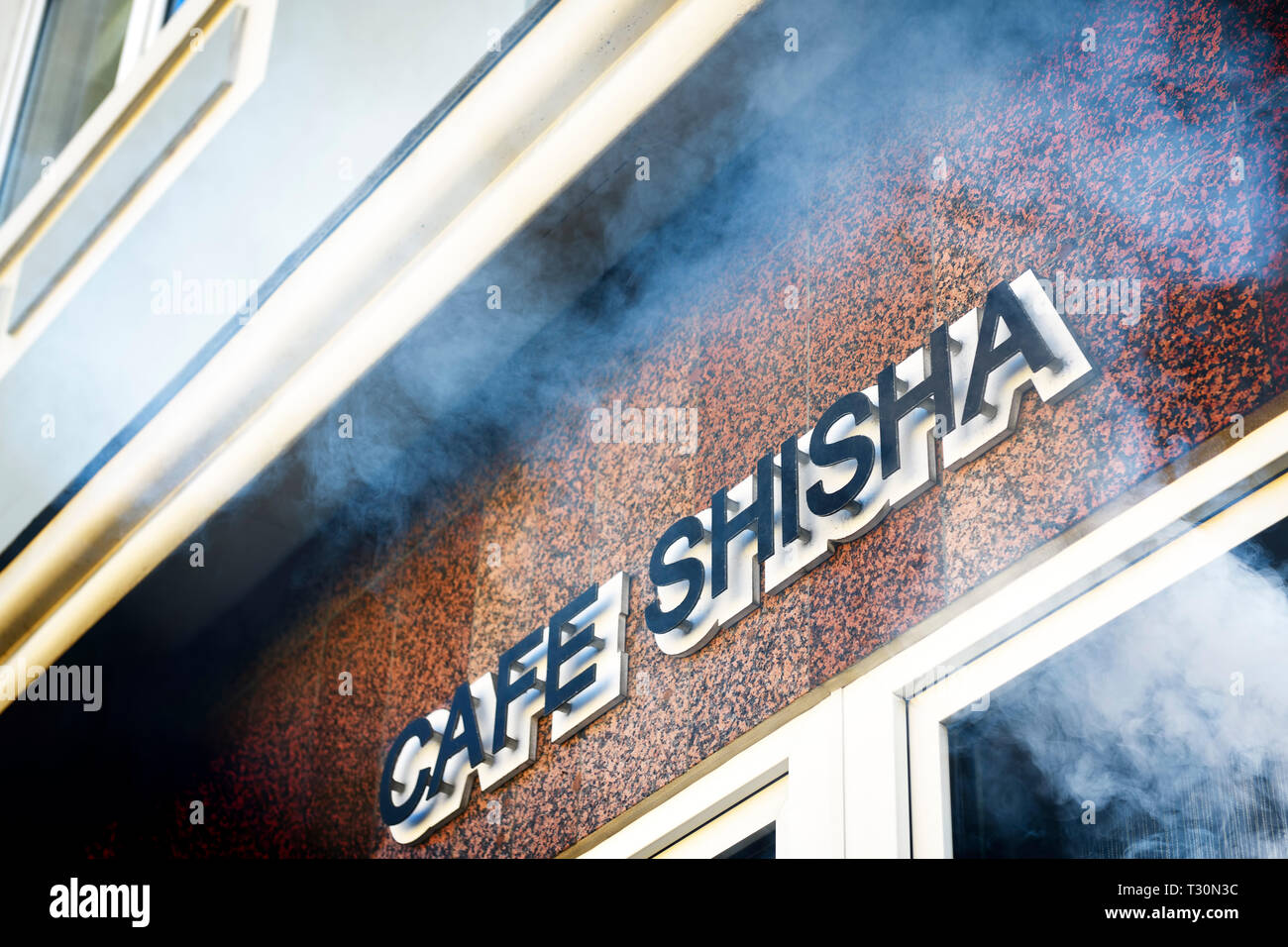 PHOTOMONTAGE, Shisha bar and billows of smoke, FOTOMONTAGE, Shisha-Bar und Rauchschwaden Stock Photo