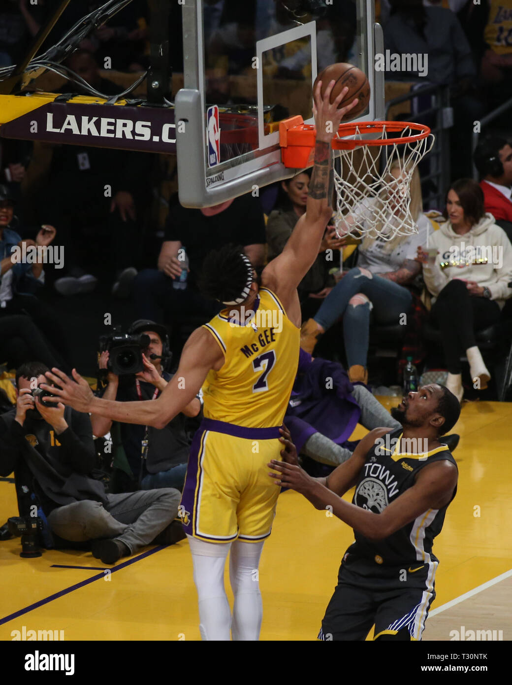 Los Angeles, California, USA. 04th Apr, 2019. Los Angeles Lakers center JaVale McGee #7 dunks during the Golden State Warriors vs Los Angeles Lakers game at Staples Center in Los Angeles, CA. on April 4, 2019. (Photo by Jevone Moore) Credit: Cal Sport Media/Alamy Live News Stock Photo