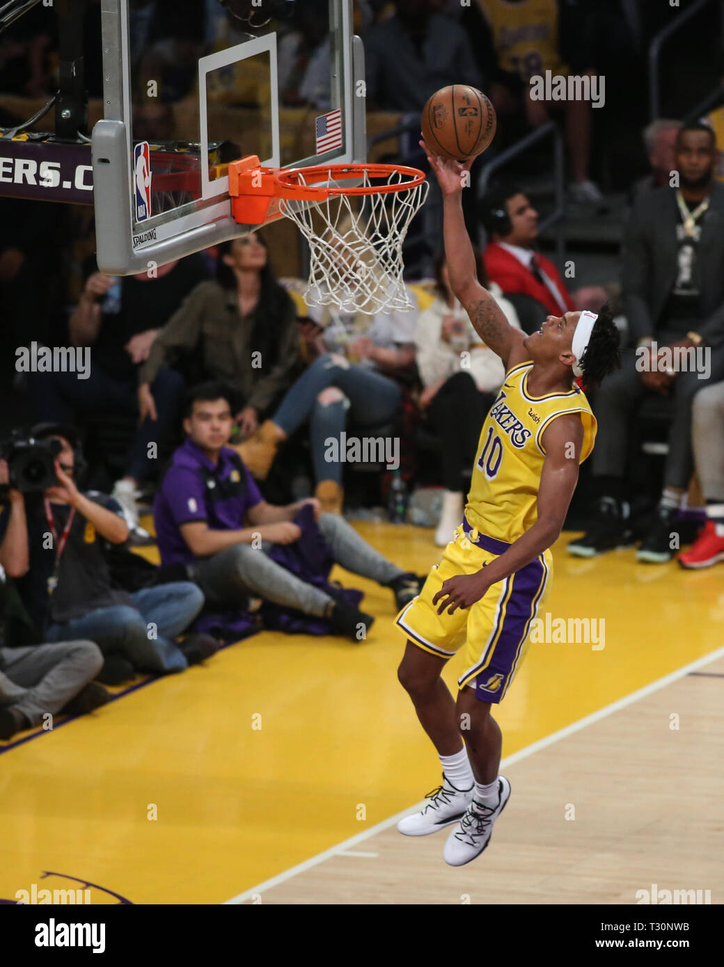 Los Angeles, California, USA. 04th Apr, 2019. Los Angeles Lakers forward Jemerrio Jones #10 during the Golden State Warriors vs Los Angeles Lakers game at Staples Center in Los Angeles, CA. on April 4, 2019. (Photo by Jevone Moore) Credit: Cal Sport Media/Alamy Live News Stock Photo