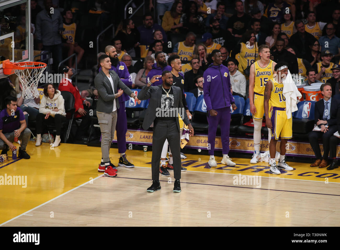 Los Angeles, California, USA. 04th Apr, 2019. Los Angeles Lakers forward LeBron James #23 during the Golden State Warriors vs Los Angeles Lakers game at Staples Center in Los Angeles, CA. on April 4, 2019. (Photo by Jevone Moore) Credit: Cal Sport Media/Alamy Live News Stock Photo