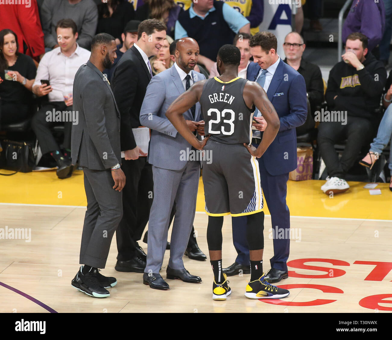 Los Angeles California Usa 04th Apr 19 Golden State Warriors Forward Draymond Green 23 Joing Lakers Coaching Huddle During The Golden State Warriors Vs Los Angeles Lakers Game At Staples Center In Los Angeles California Usa 04th Apr 19 Golden State Warriors Forward Draymond Green 23 Joing Lakers Coaching Huddle During The Golden State Warriors Vs Los Angeles Lakers Game At Staples Center In