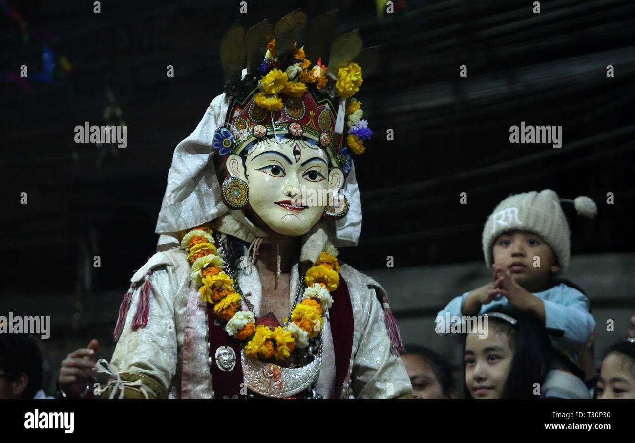 Kathmandu, Nepal. 4th Apr, 2019. A masked dancer dressed up as deity performs Devi Dance to mark the Ghode Jatra, or horse racing festival, in Kathmandu, Nepal, April 4, 2019. Credit: Sunil Sharma/Xinhua/Alamy Live News Stock Photo