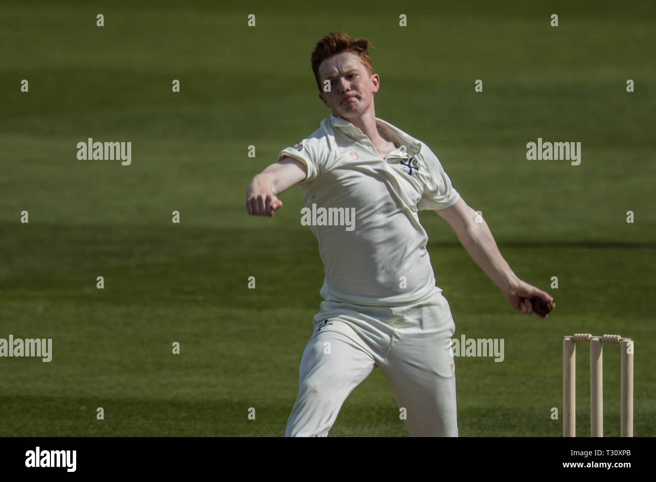 London, UK. 5th Apr, 2019. Joe Emanuel bowling as Surrey take on Durham MCCU at the Kia Oval on day two of the 3 day match. Credit: David Rowe/Alamy Live News Stock Photo