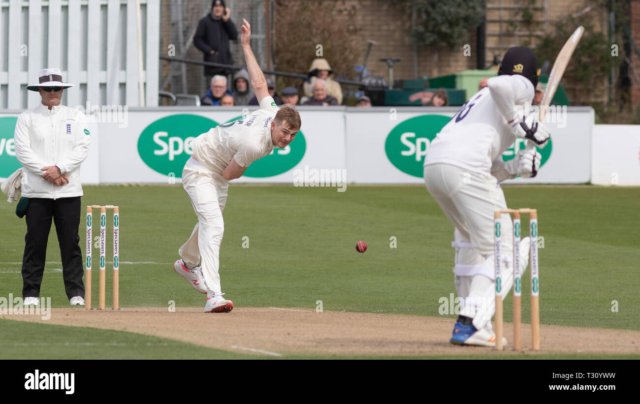 Hove, Sussex, UK. 05th Apr, 2019. Tom Taylor bowling during the Specsavers County Championship Round 1 match between Sussex CCC v Leicestershire CCC at the 1st Central County Ground, Hove, England on 5 April 2019. Photo by John Mallett.  Editorial use only, license required for commercial use. No use in betting, games or a single club/league/player publications.... Credit: UK Sports Pics Ltd/Alamy Live News Stock Photo