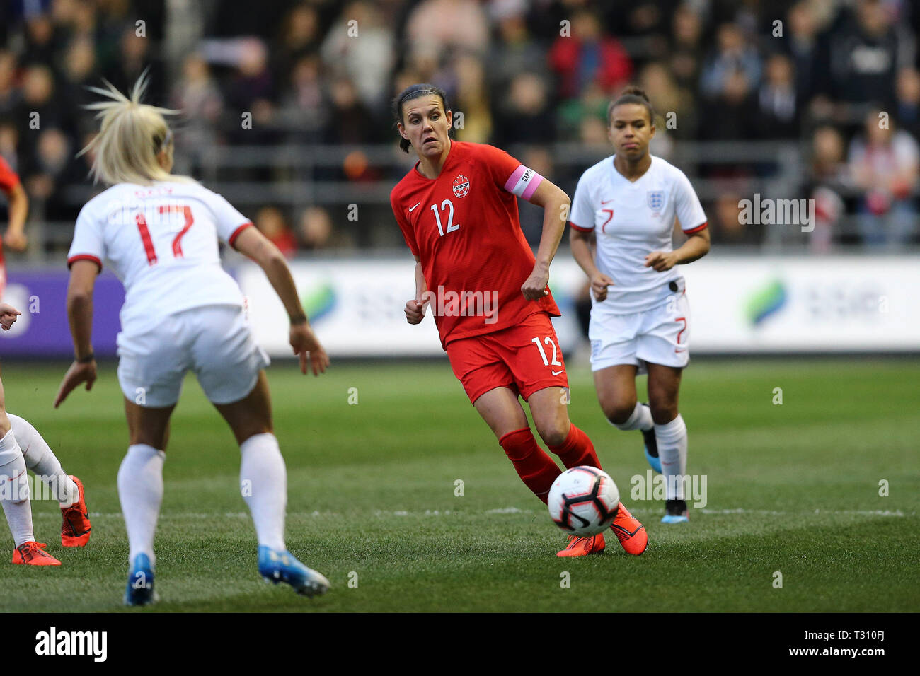 Manchester, UK. 05th Apr, 2019. Christine Sinclair of Canada passes the ball forward. England Women v Canada Women, Women's international friendly football match at the Manchester City academy stadium in Manchester, Lancs on Friday 5th April 2019. EDITORIAL USE ONLY. pic by Chris Stading/ Credit: Andrew Orchard sports photography/Alamy Live News Stock Photo