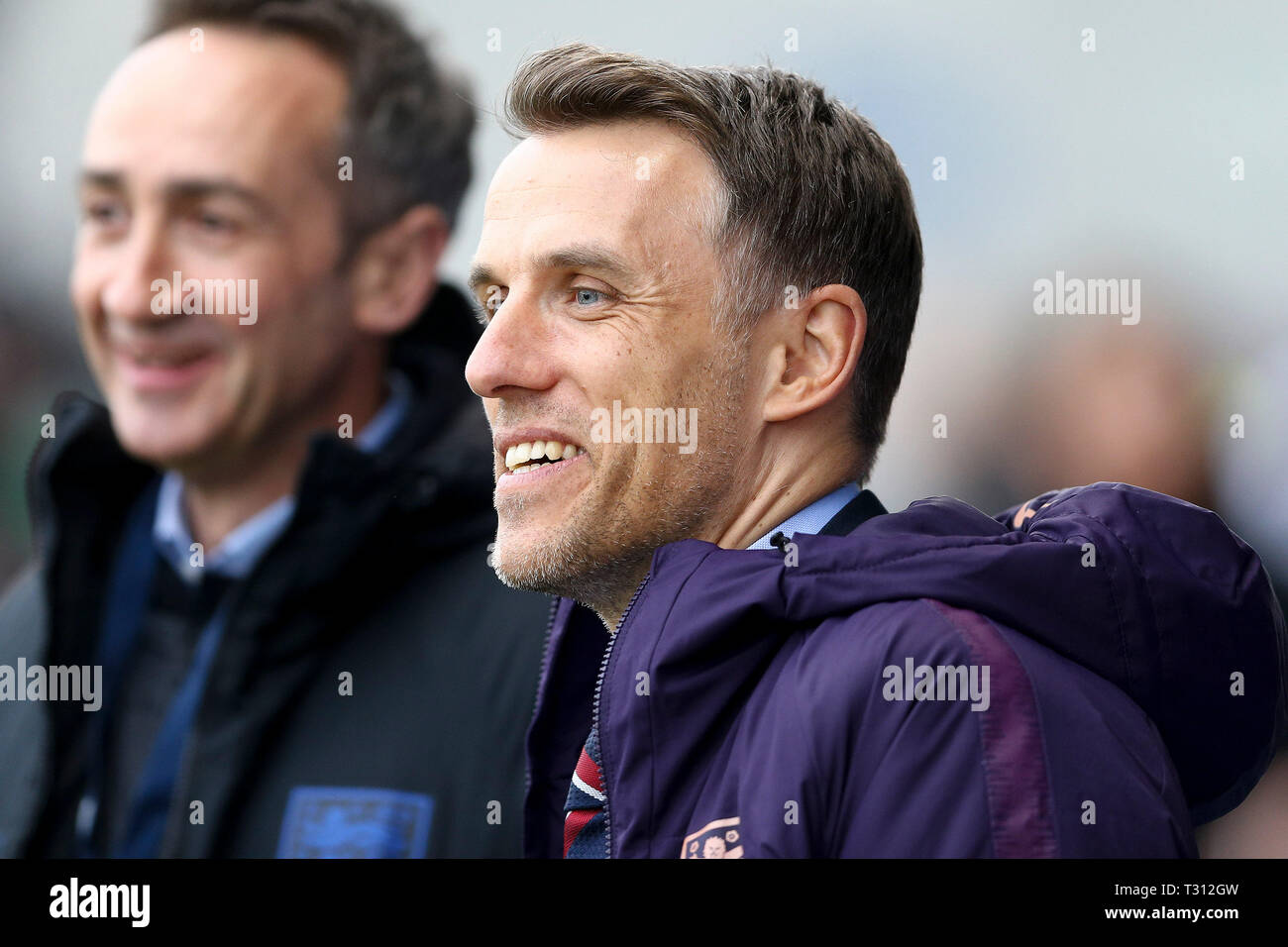 Manchester, UK. 05th Apr, 2019. England Manager Phil Neville looks on. England Women v Canada Women,  Women's international friendly football match at the Manchester City academy stadium in Manchester, Lancs on Friday 5th April 2019. EDITORIAL USE ONLY. pic by Chris Stading/ Andrew Orchard sports photography /Alamy Live News Stock Photo