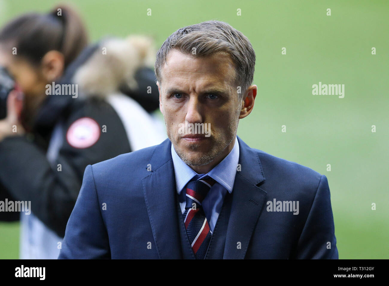 Manchester, UK. 05th Apr, 2019. England Manager Phil Neville looks on. England Women v Canada Women,  Women's international friendly football match at the Manchester City academy stadium in Manchester, Lancs on Friday 5th April 2019. EDITORIAL USE ONLY. pic by Chris Stading/ Andrew Orchard sports photography /Alamy Live News Stock Photo