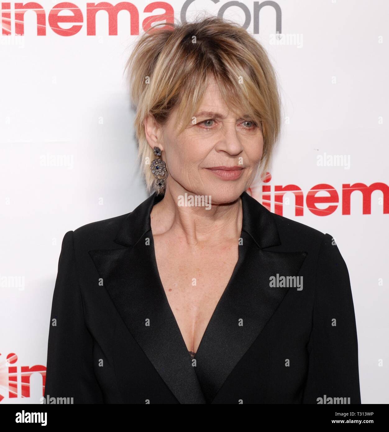 LAS VEGAS, NV - APRIL 04: Linda Hamilton attends The CinemaCon Big Screen Achievement Awards at OMNIA Nightclub at Caesars Palace during CinemaCon, the official convention of the National Association of Theatre Owners, on April 4, 2019 in Las Vegas, Nevada.    People: Linda Hamilton Stock Photo