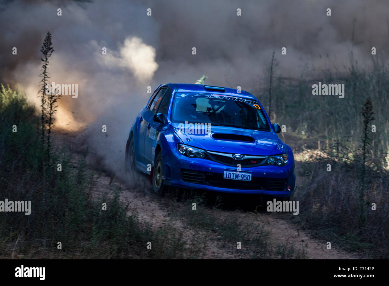 Nannup, Western Australia, Australia. 6th Apr, 2019. ARC CAMS Australian Rally Championship Round 1, day 2; The number 13 Subaru Impreza WRX STI driven by Stephen Oxley and co-driven by Michael Wood during the Healthway 1 stage Credit: Action Plus Sports/Alamy Live News Stock Photo