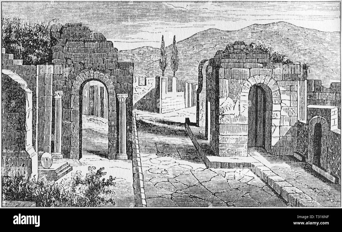 Illustration of street of the tombs outside the gate of Herculaneum in Pompeii Stock Photo