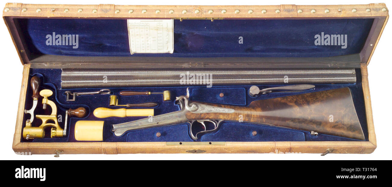 Civil long arms, pinfire, pinfire double-barrelled shotgun in case, Lepage, Paris, circa 1860, Additional-Rights-Clearance-Info-Not-Available Stock Photo