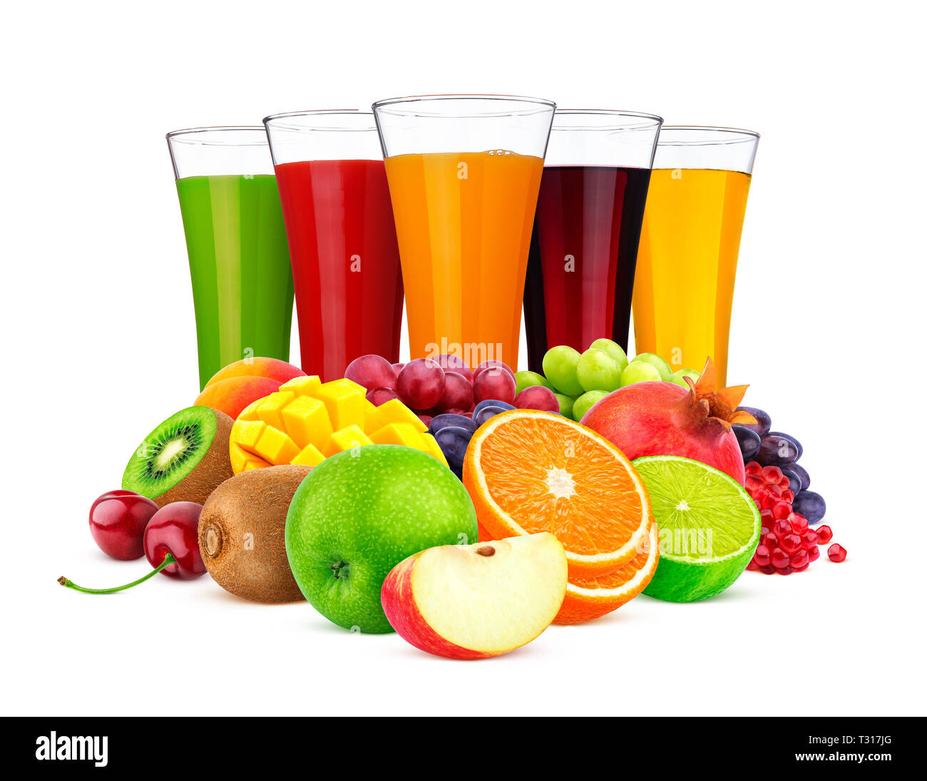 Fruit juice concept, glasses of different juices and pile of fruits and berries isolated on white background, collection of fresh and healthy drinks Stock Photo