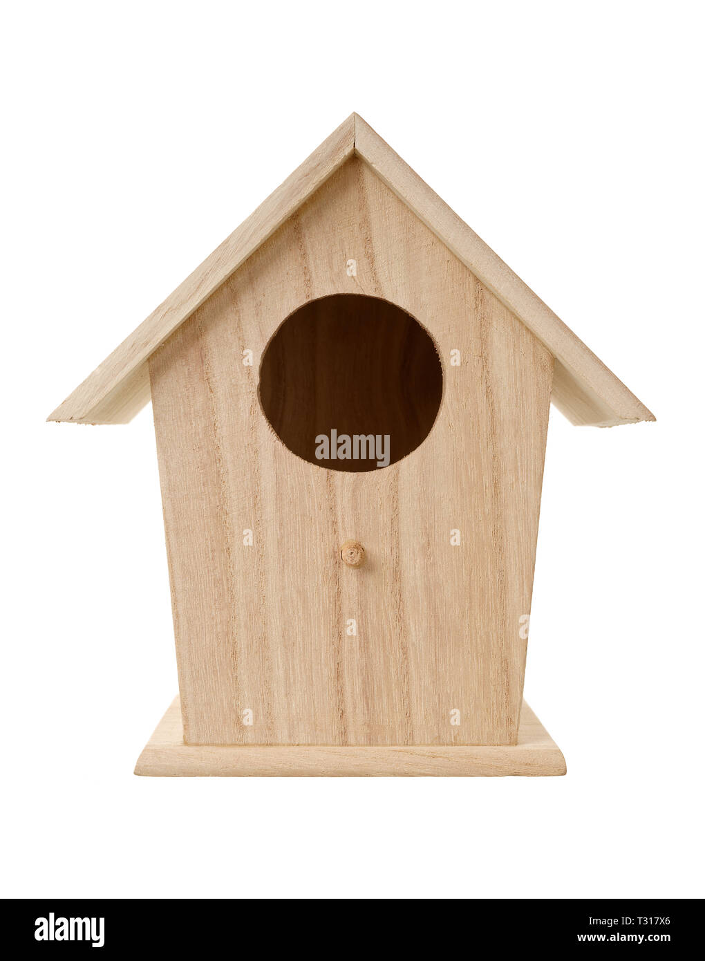 Isolated objects: handmade wooden bird nesting box, bird house, on white background Stock Photo