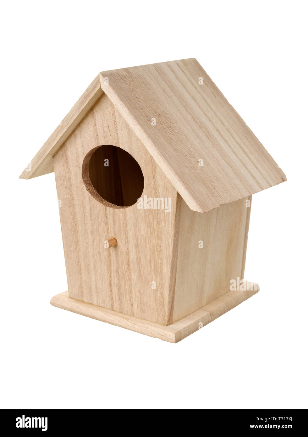 Isolated objects: handmade wooden bird nesting box, bird house, on white background Stock Photo