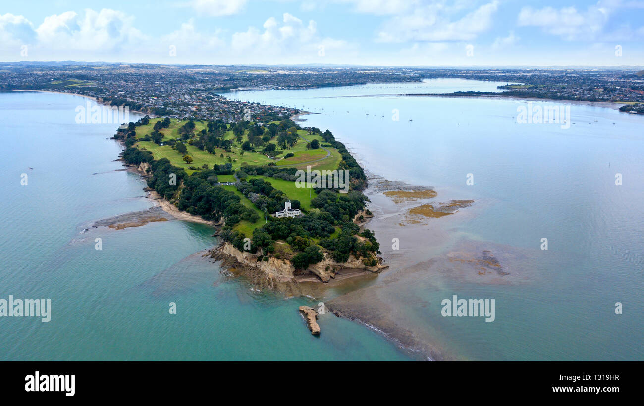 aerial view of the edge of the island on a calm and cloudy day in music point, auckland, new zealand Stock Photo