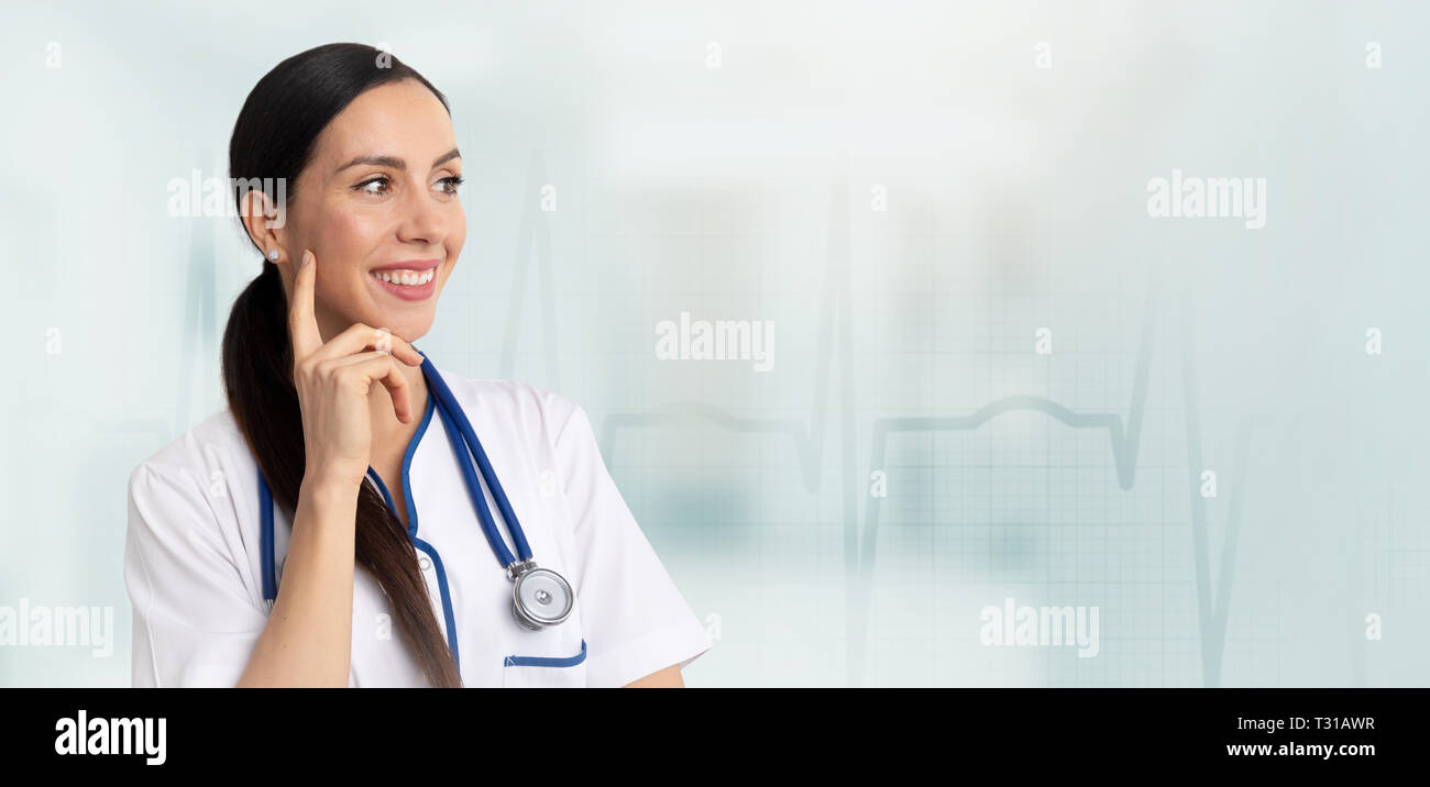 Portrait Of A Beautiful Woman Doctor On Medical Background Web