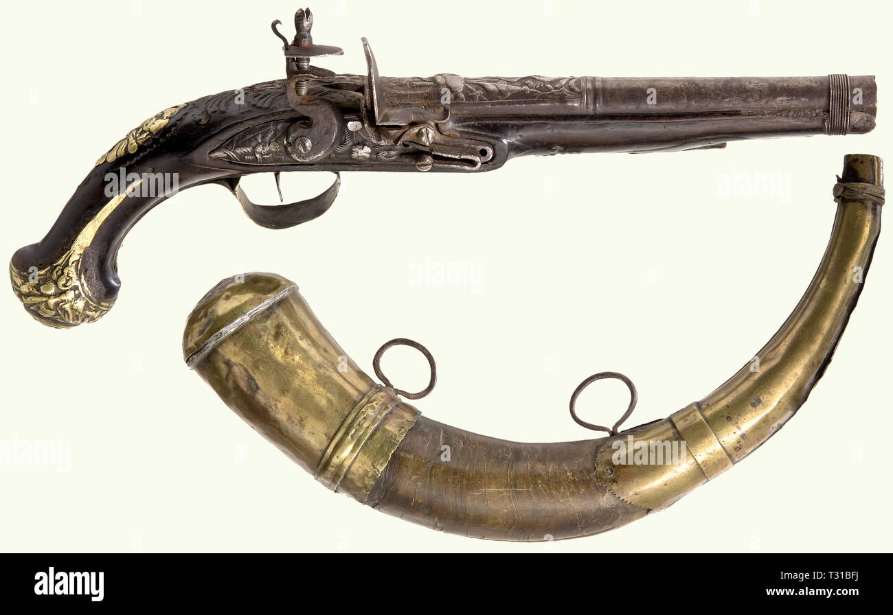 Small arms, pistols, flintlock pistol, Ottoman Empire, Balkan Turkish, circa 1800, with powder horn from Morocco, Additional-Rights-Clearance-Info-Not-Available Stock Photo