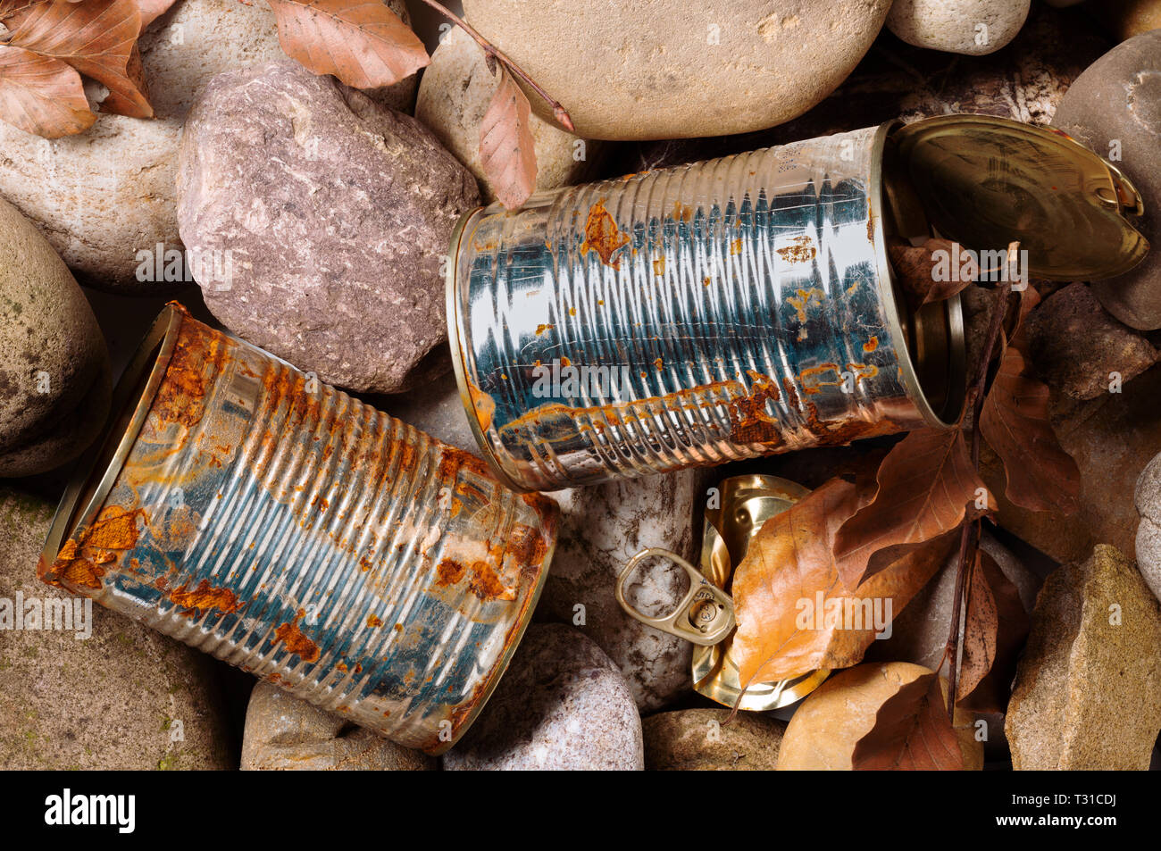 Still life of a rusty empty used tin can with lid and pull waste on pebble beach floor as an environmental pollution closeup Stock Photo