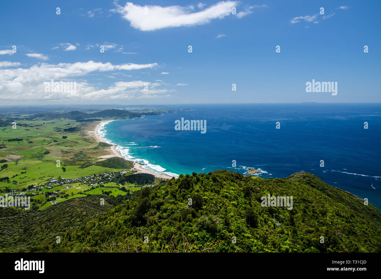 Coastline view from the top of Te Whara Track with blue sky above in Whangarei Heads, Northland, New Zealand. Stock Photo