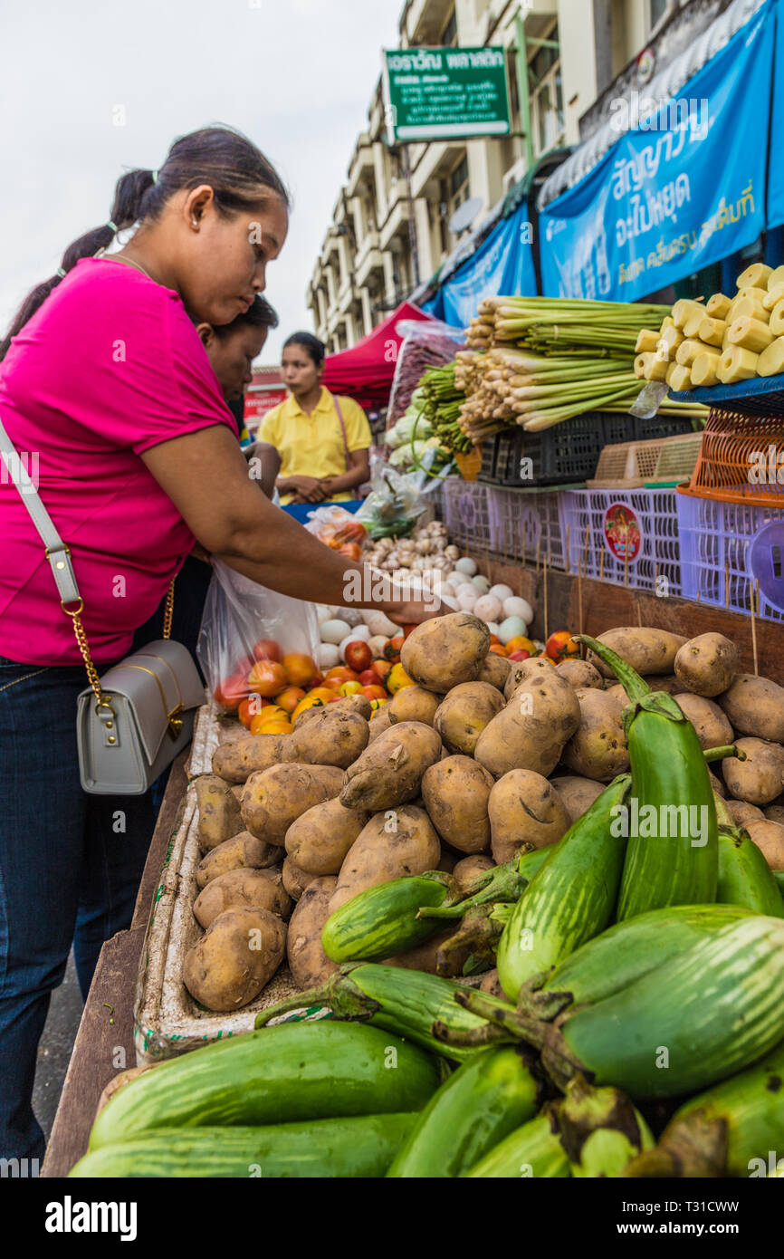 February 2019. Phuket Town Thailand. A fruit and vegetable stall at the 24 hour local fruit market in old Phuket Town Stock Photo