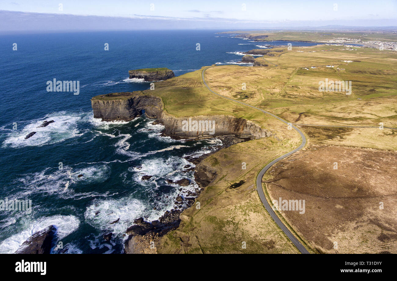 Aerial birds eye view Loop Head Peninsula landscape, along the wild Atlantic way in West Clare Ireland. peaceful roads and deserted beaches stretches. Stock Photo