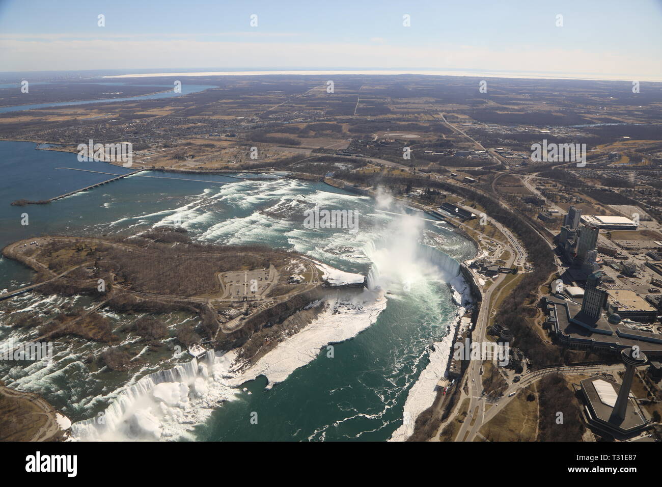 Niagara Falls from the air Winter (helicopter) Stock Photo