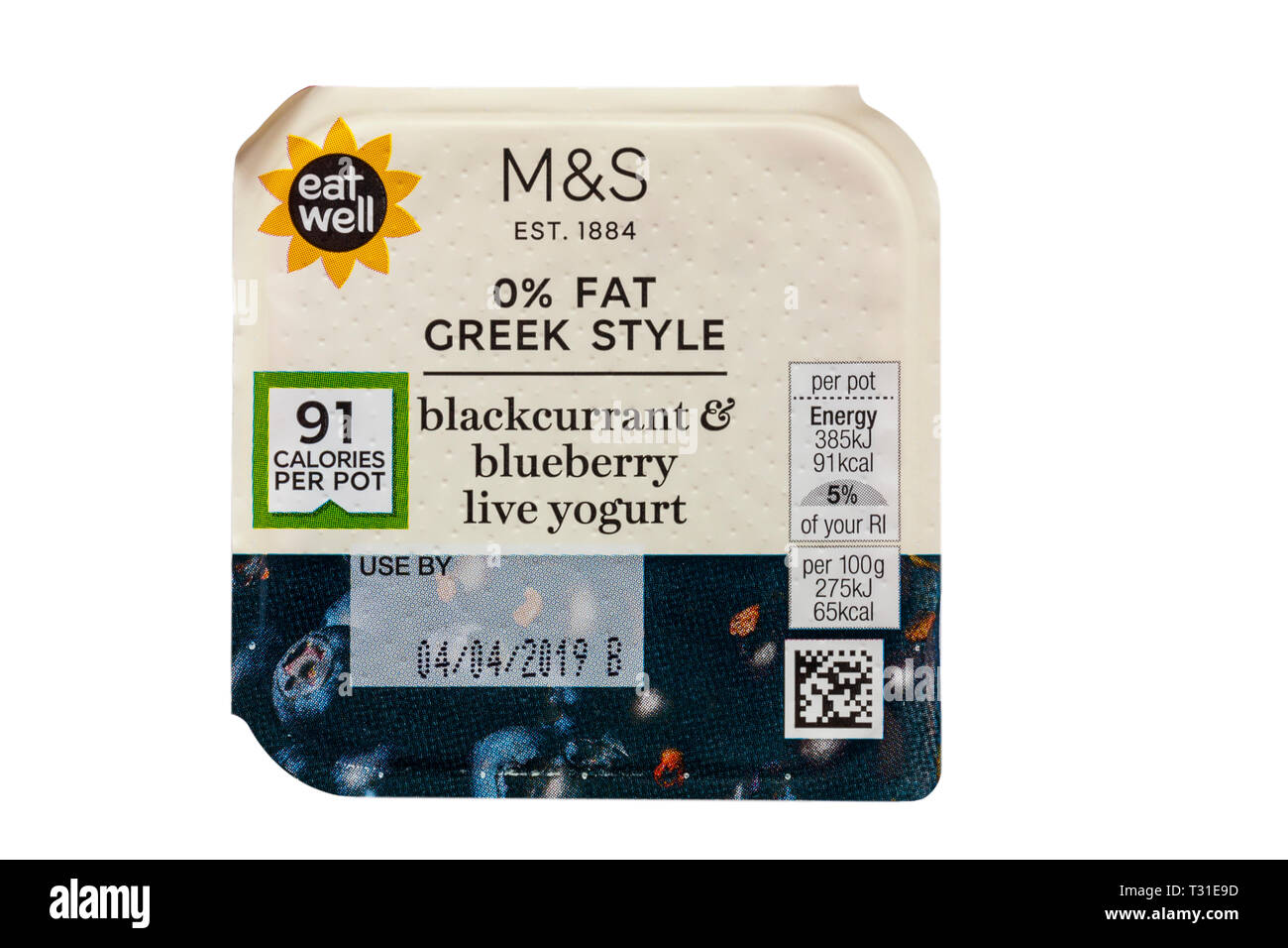 M&S 0% fat Greek style blackcurrant & blueberry live yogurt isolated on white background Stock Photo