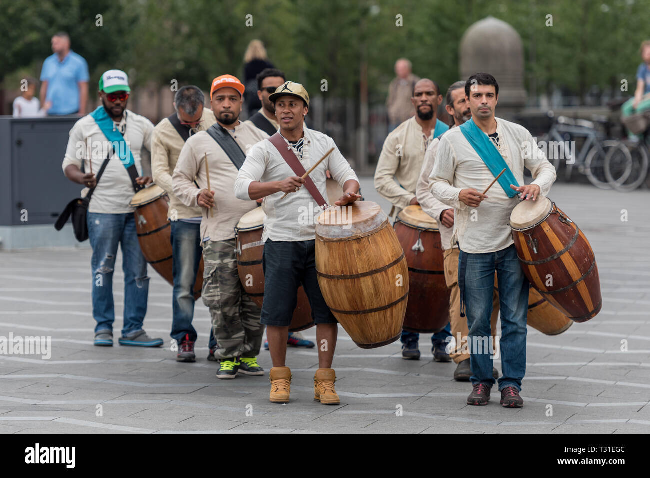 A South American drum troop perform in Copenhagen City Hall Square Stock  Photo - Alamy