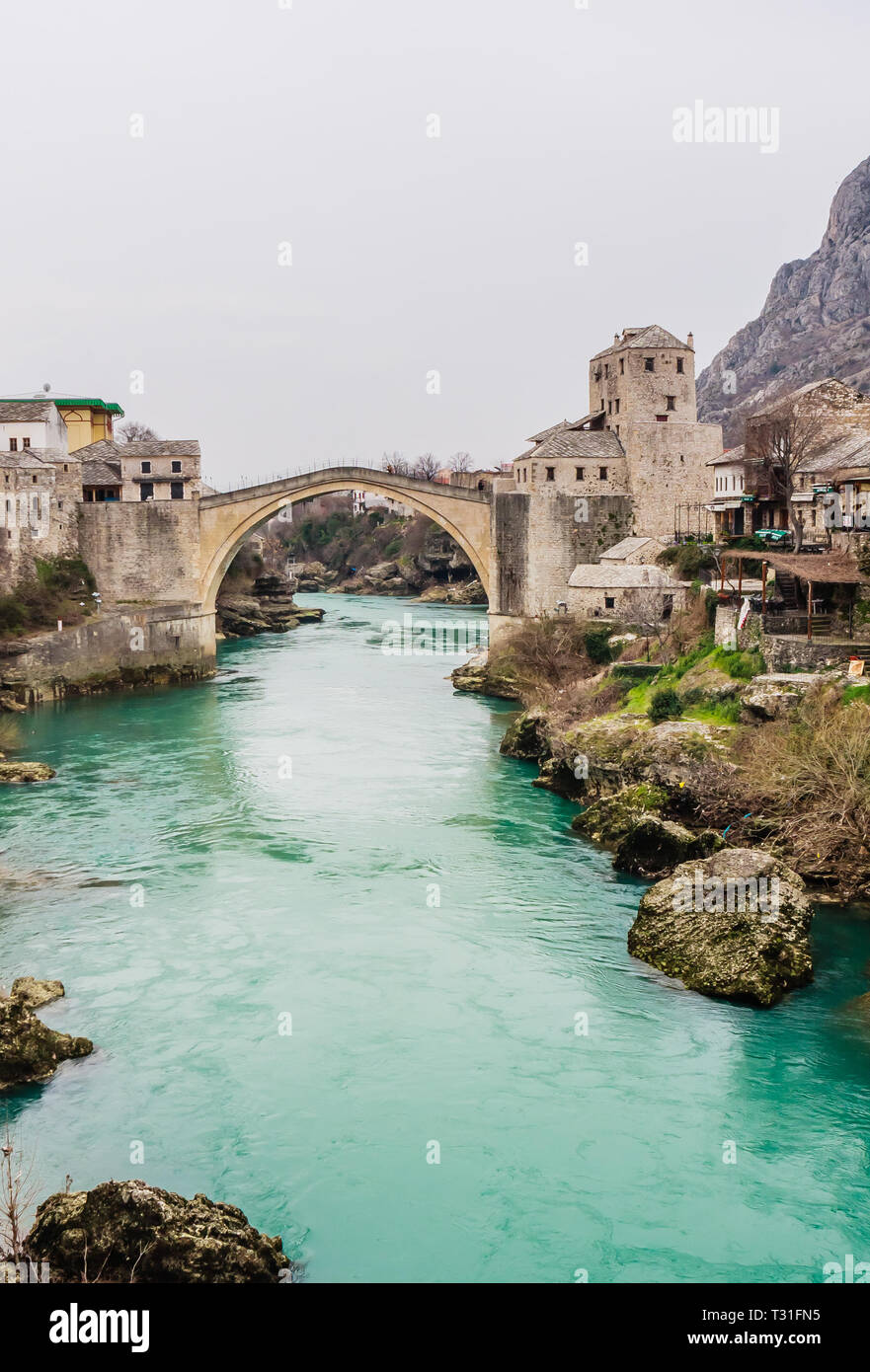 View of Stari Most a 16th-century Ottoman bridge over Neretva river in ...