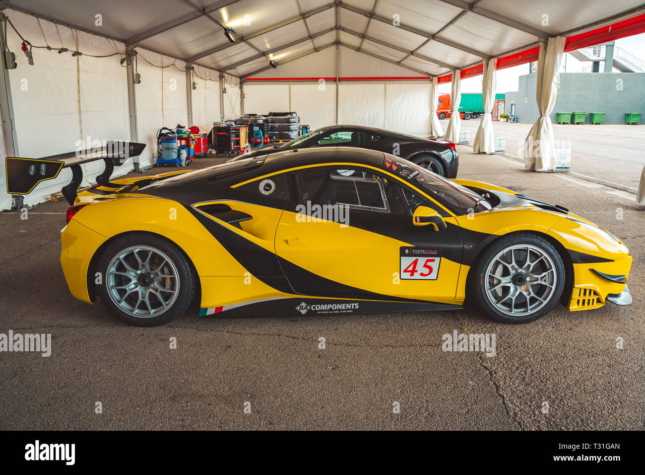 Valencia,Spain , March 30, 2019 Yellow Ferrari 458 Speciale