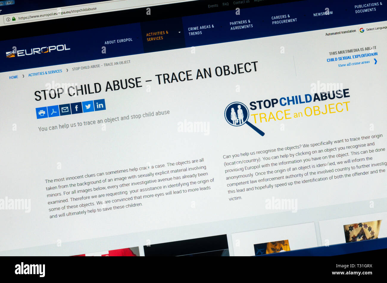 Europol Stop Child Abuse - Trace an Object website. Asks people to help identify objects or places in child abuse videos. Stock Photo