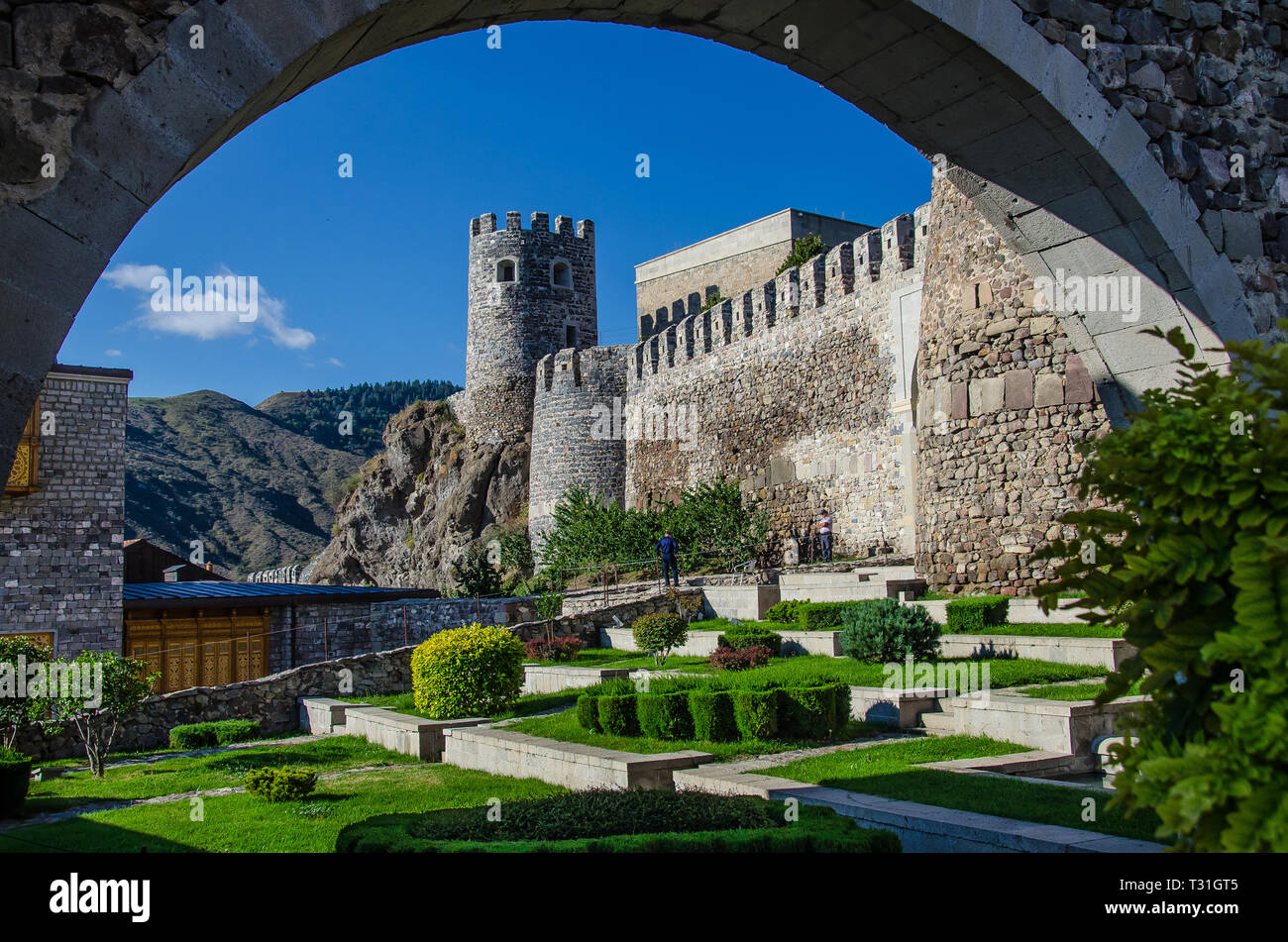 Rabati Fortress Castle in Akhaltsikhe town in Southern Georgia with blue sky above. Stock Photo